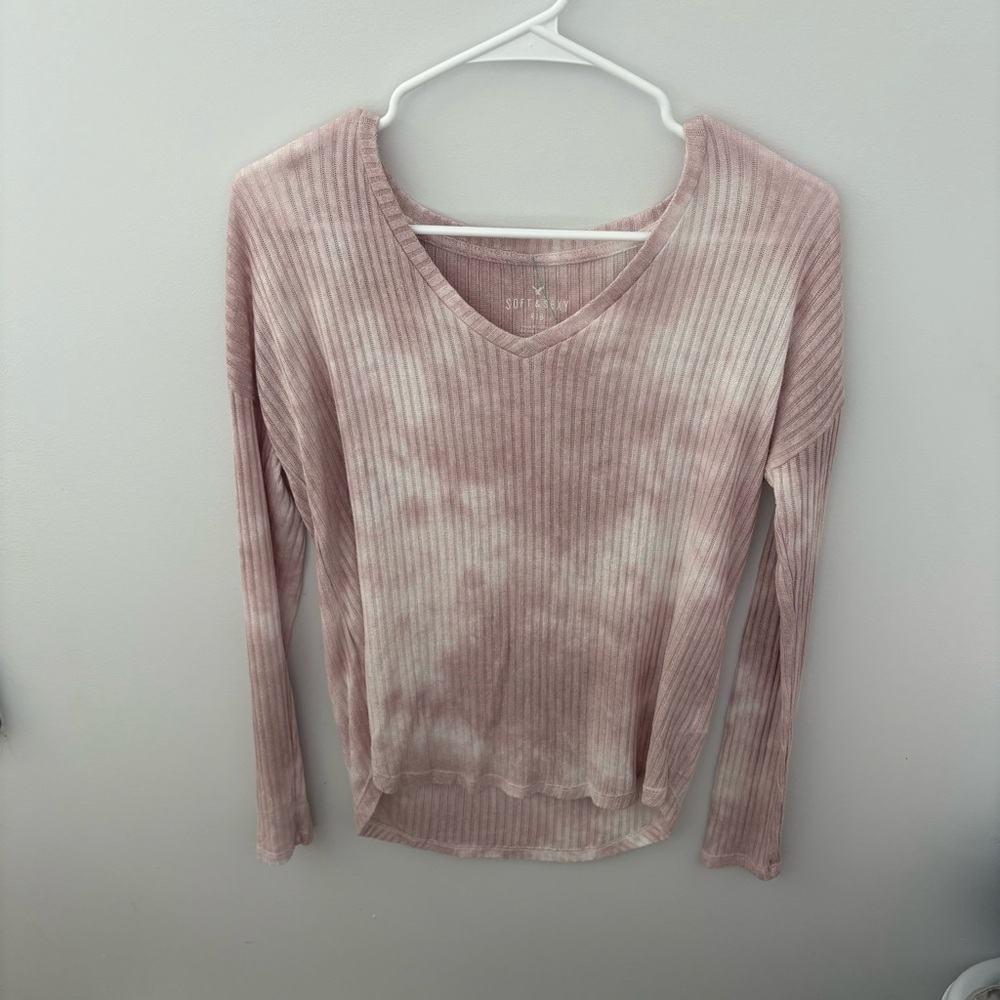 American Eagle Soft and Sexy Blush Tie-Dye Ribbed Long Sleeve Top